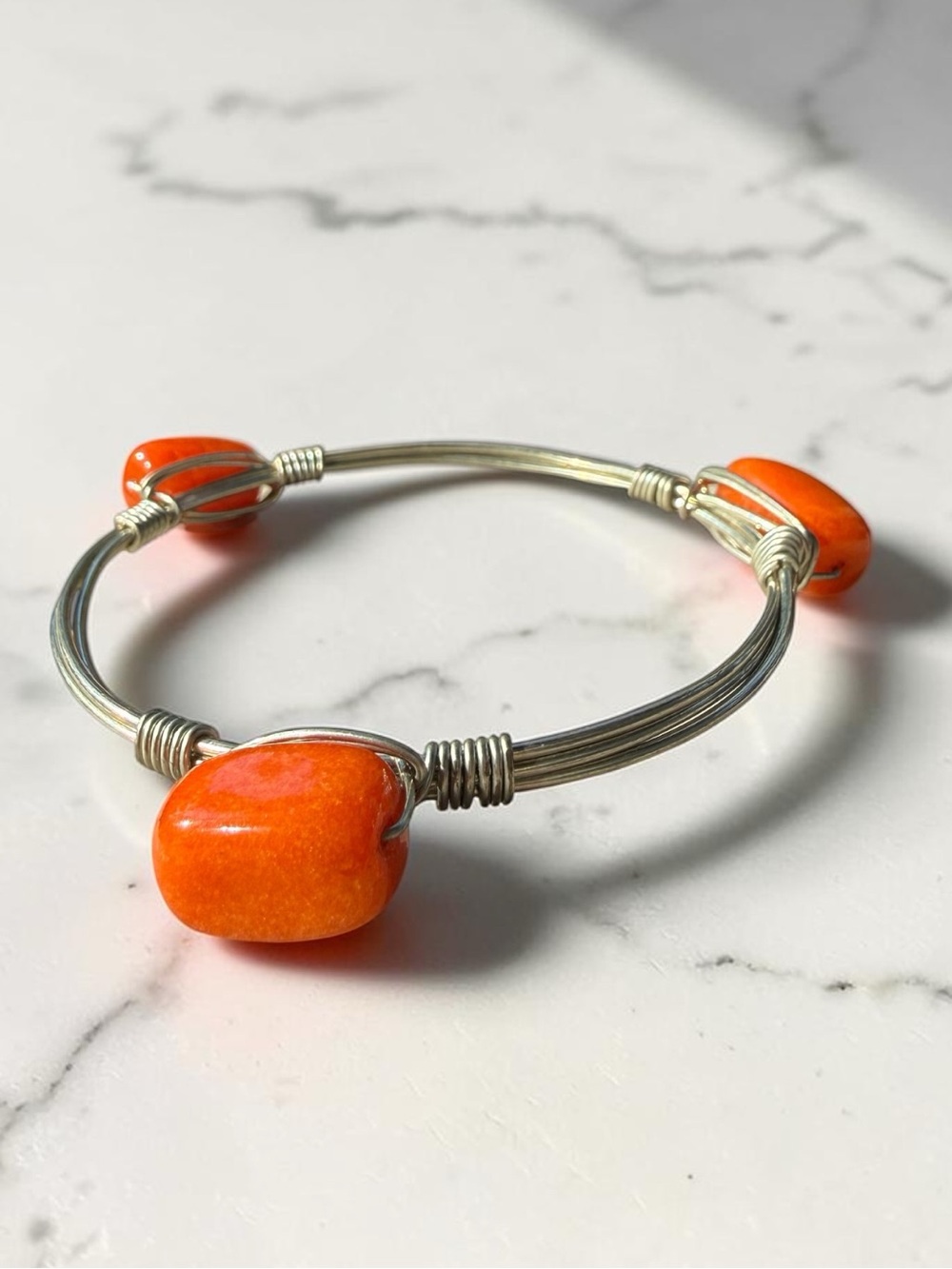Handmade‎ Wire Wrapped Bangle Bracelet Boho Artisan 3 Orange Stones Silver Tone